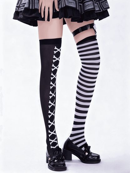 Asymmetrical Pattern Halloween Black Crossbones Gothic White Design Stockings Striped
