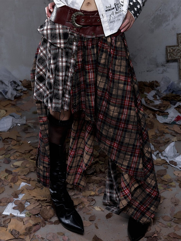 Asymmetrical Knotted Dual Triangular Hemline with Waistband Plaid Front Ties Dark Red PU Vintage Punk Skirt Rock