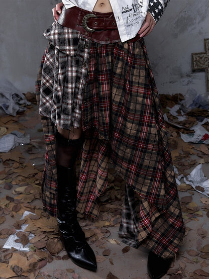 Asymmetrical Knotted Dual Triangular Hemline with Waistband Plaid Front Ties Dark Red PU Vintage Punk Skirt Rock