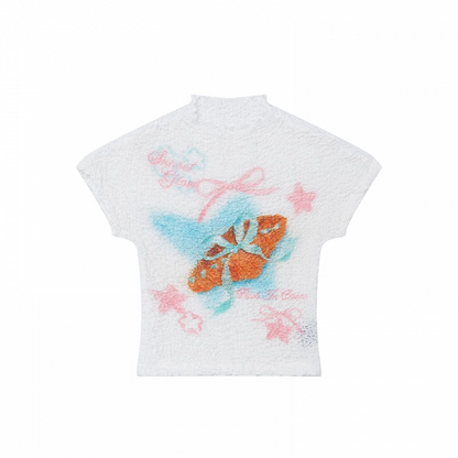 プリントニットTシャツ ホワイト モックネック スイート ボウノット