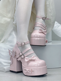 Bowknot Block Pink Stud Design Butterfly Lolita Platform Shoes Heels High