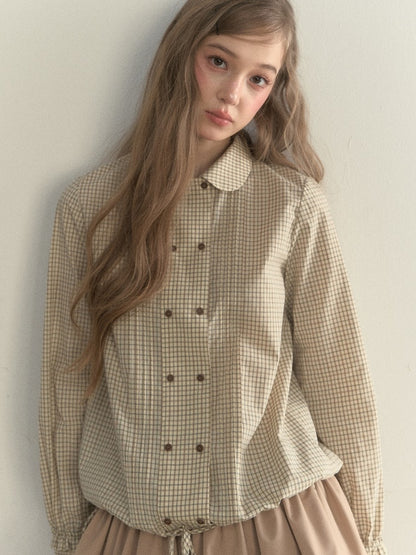 Khaki Drawstring Plaid Vintage Double-breasted Shirt