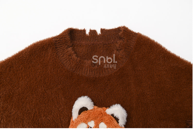 Brown Cute Red Panda Adorned Distress Trim Loose Sweater