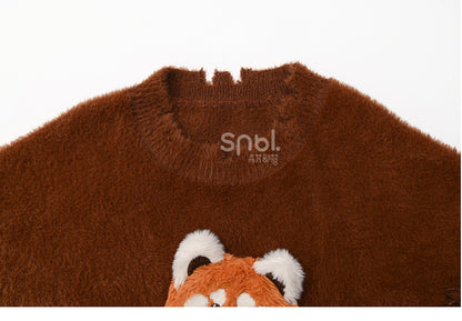 Brown Cute Red Panda Adorned Distress Trim Loose Sweater