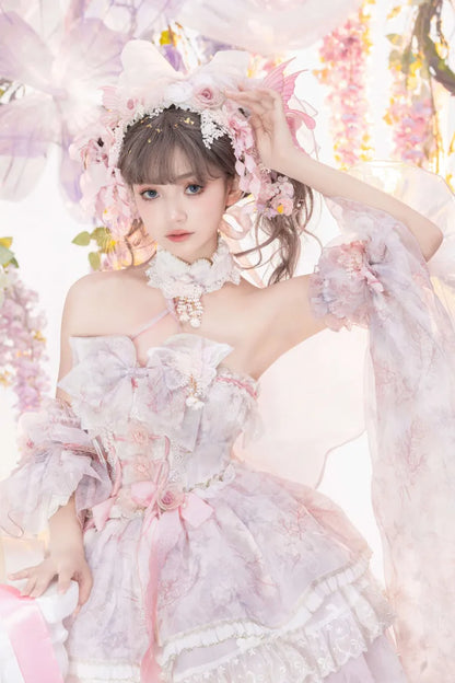 Rosa Prinzessin Fee Blumenmuster Set voller Schmetterling und JSK Kleid Lolita Blume