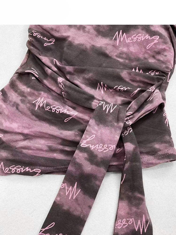 パープルダイストラップヘムトップY2Kアシンメトリービタースイートチューブセルフタイタイ