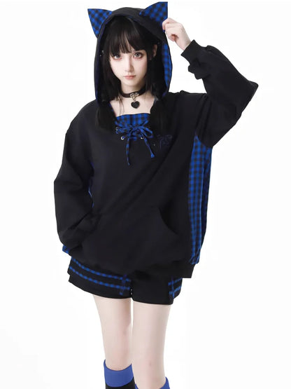 and Lace-up Detail Black Loose Dark Ears Hoodie Kitty Plaid Blue