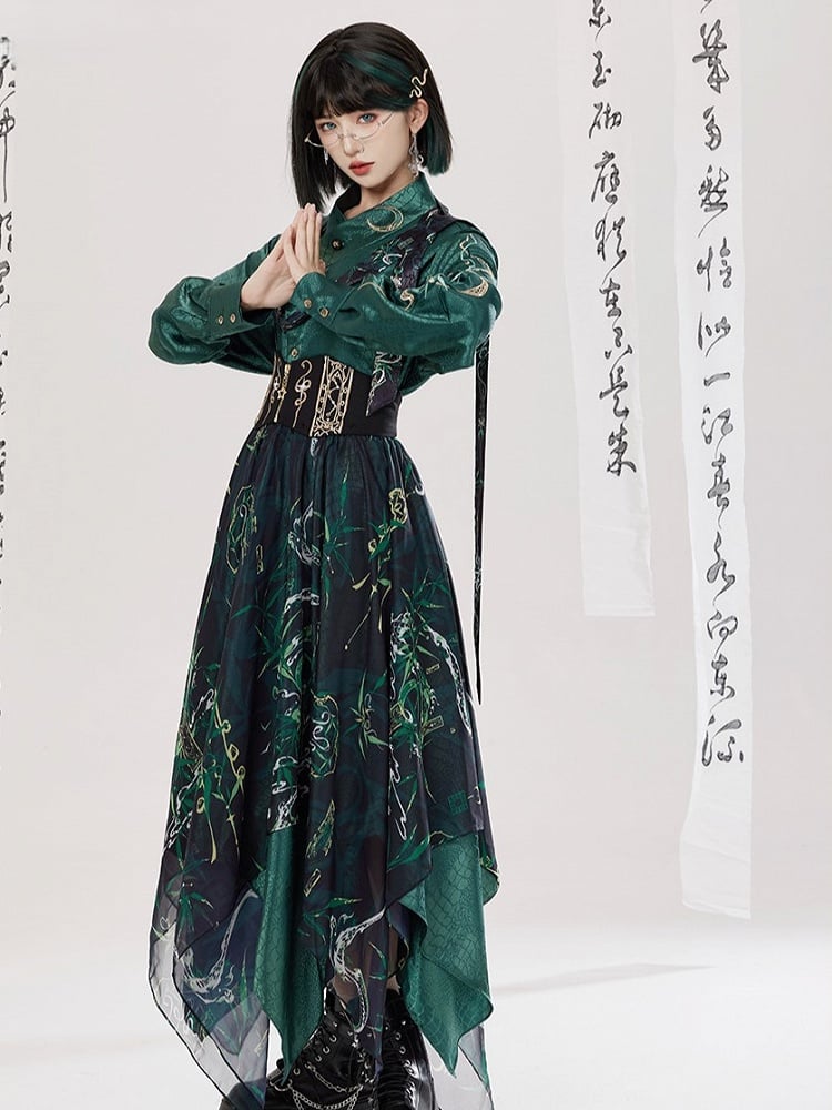 Jacquard Chinese Unisex Snakeskin Shirt Embroidery Style Green with