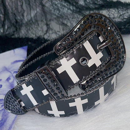 Rhinestone Decorated Beaded And Punk White/Black Print Cross