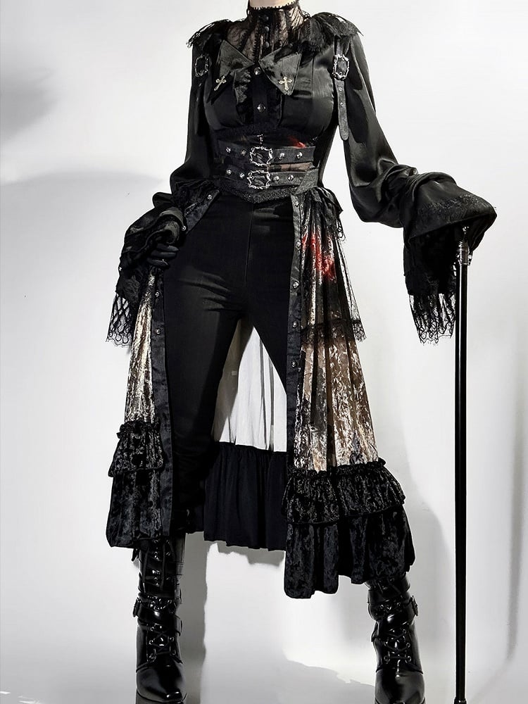 Black Pointed Collar Embroidered Cross Gothic Shirt with Arm Straps - Jailbird Hotel