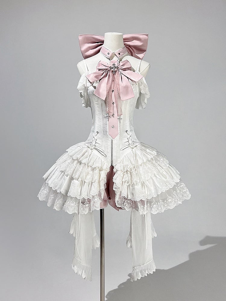 Träger Spaghetti JSK Lolita Rosa Balletcore Weißes Korsett + Kleid