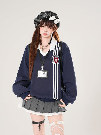 Gray/Navy Classic Polo Collegiate with Crest Sweatshirt Embroidered Blue