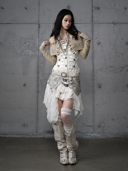 Studded Wing Khaki with Punk Panels Denim Embroidery Knit White Top Off-Shoulder