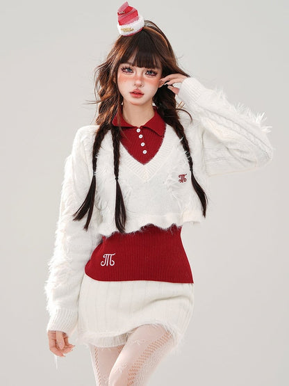 Vネックミニトップスクロップド丈+スカート+ホワイトニットホワイトセットセーターレッド