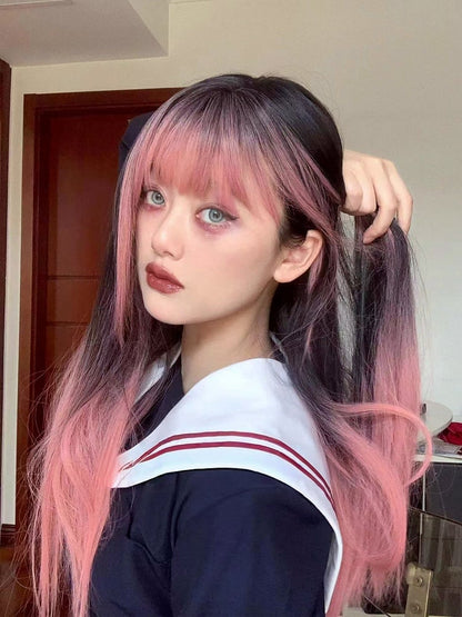 Straight Pink Wig Bangs Black Ombre Air with and 68CM