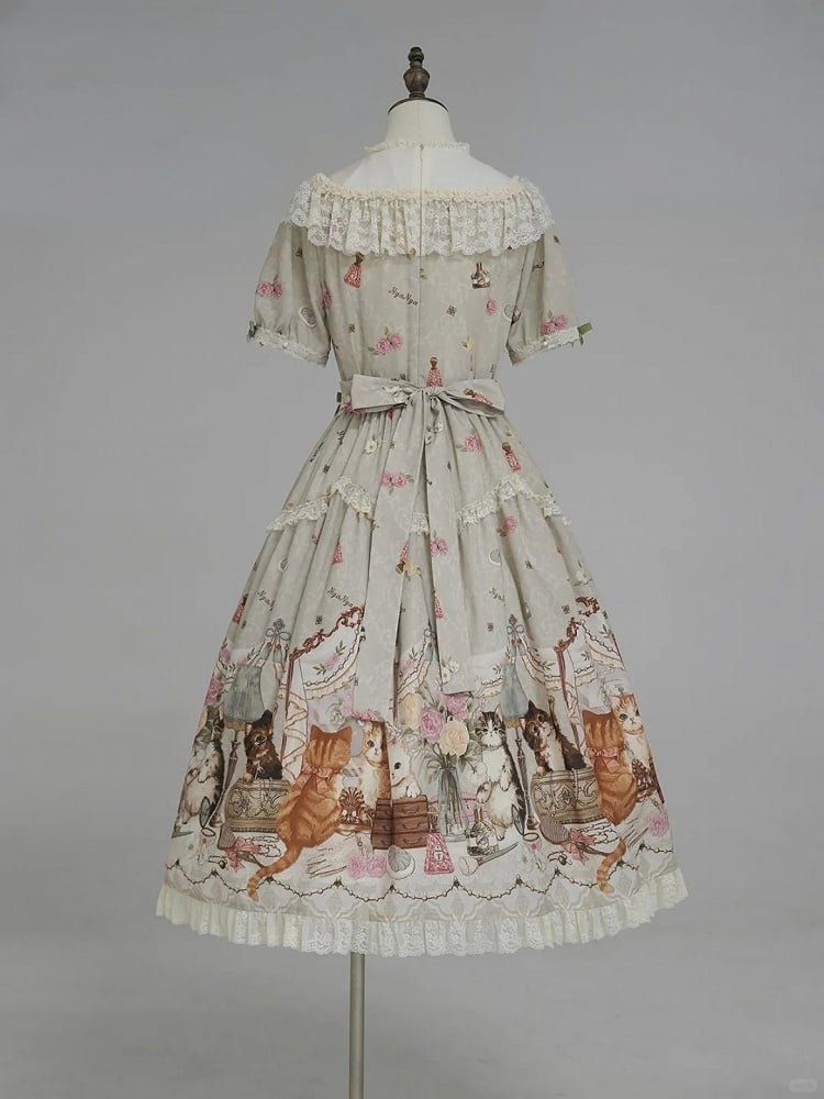 Green Cat Print Round Neck Sweet Lolita Dress with Lace Trim - NyaNya