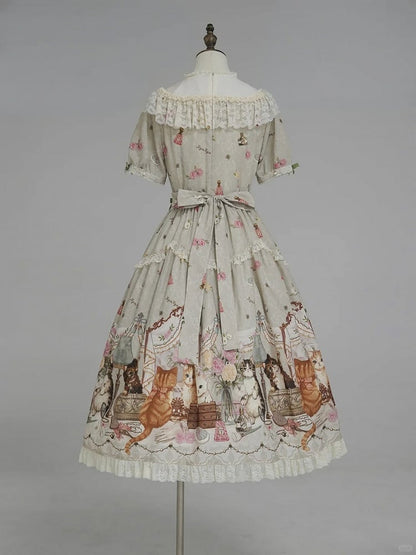 Green Cat Print Round Neck Sweet Lolita Dress with Lace Trim - NyaNya