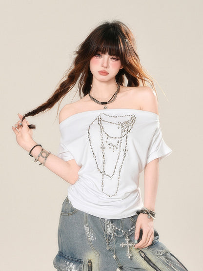 White Off-the-shoulder Neckline Beaded Chain Print T-Shirt