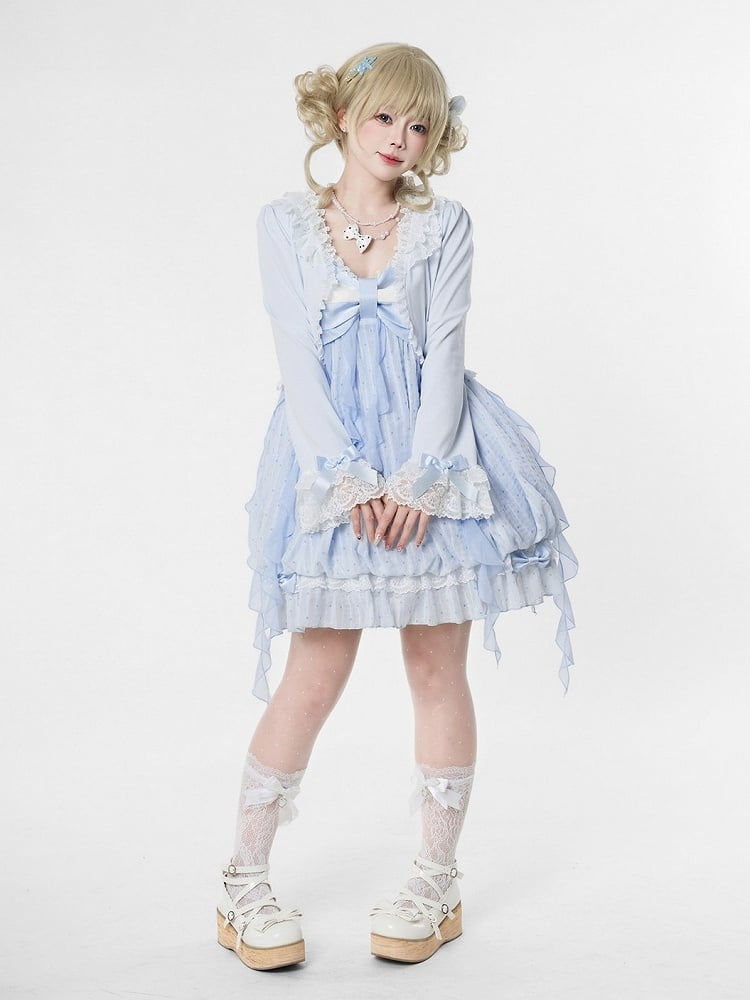 Blue Polka Dot Bow Sleeveless Bubble Dress with Lace - Tan Tuan