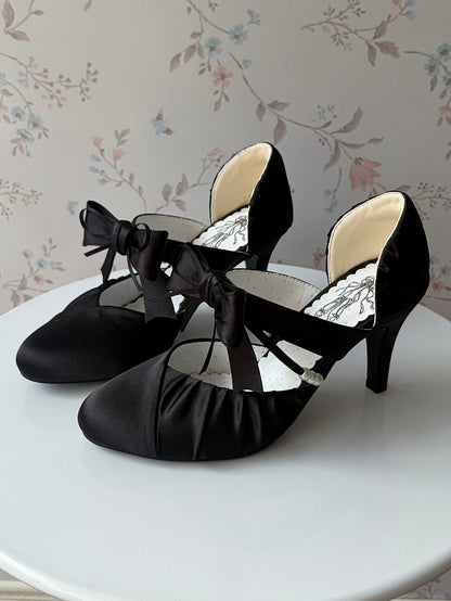 Black Elegant Shoes Decorative - Bow in Satin High-heel