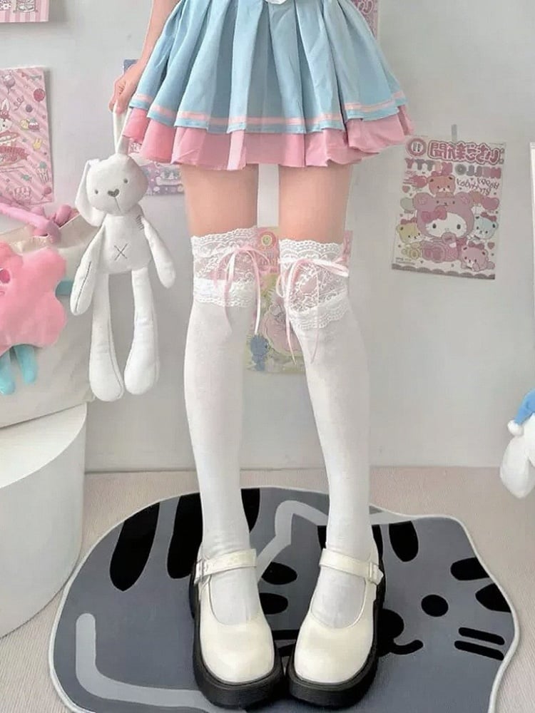 Lace Thigh-High White Bow Stockings -