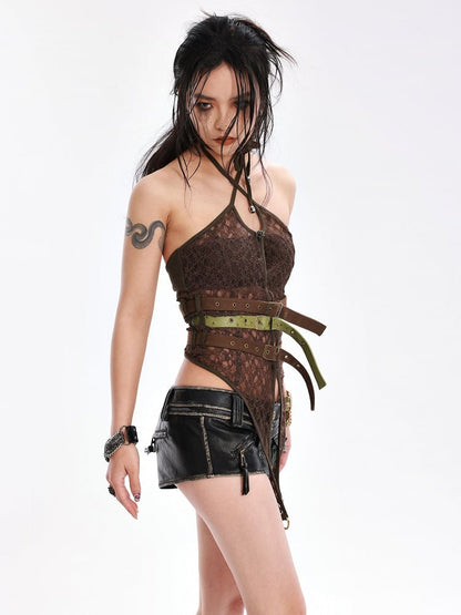 Vintage Punk Pouch PU Low-Rise with Shorts Multi-Zippers Detachable Black