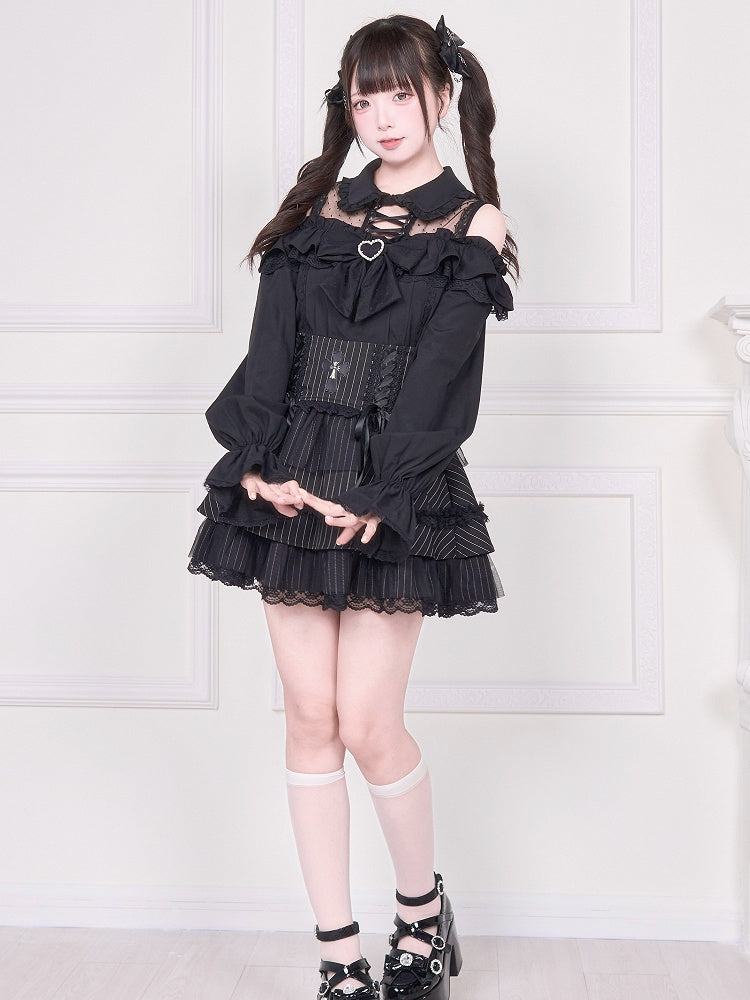 und Detail langes Top Illusion Ärmel Bluse Schulter Jirai mit schwarzem offenen Ausschnitt Kei