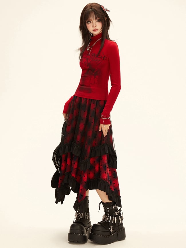 Red - Long Neck Top Design Sleeves Mock Kitten Letter Print Y2K