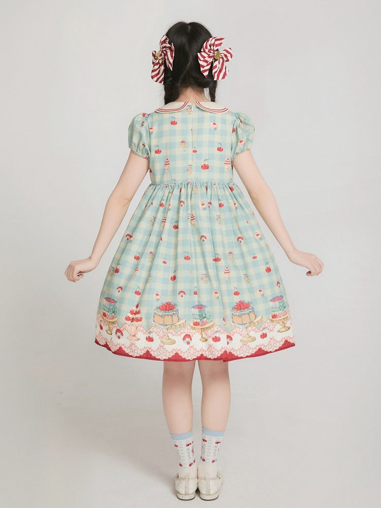 ミントグリーンのハイウエストチェリー＆デザートプリントのスイートロリータギンガムドレス