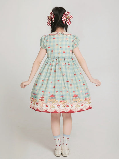 ミントグリーンのハイウエストチェリー＆デザートプリントのスイートロリータギンガムドレス