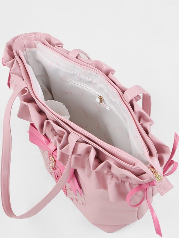 Jirai Kei Pink/Black Ruffled Shoulder Bag with Bow Accent