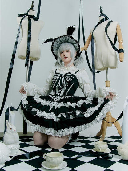 Black and White Bunny Ears Lace Accents Bonnet