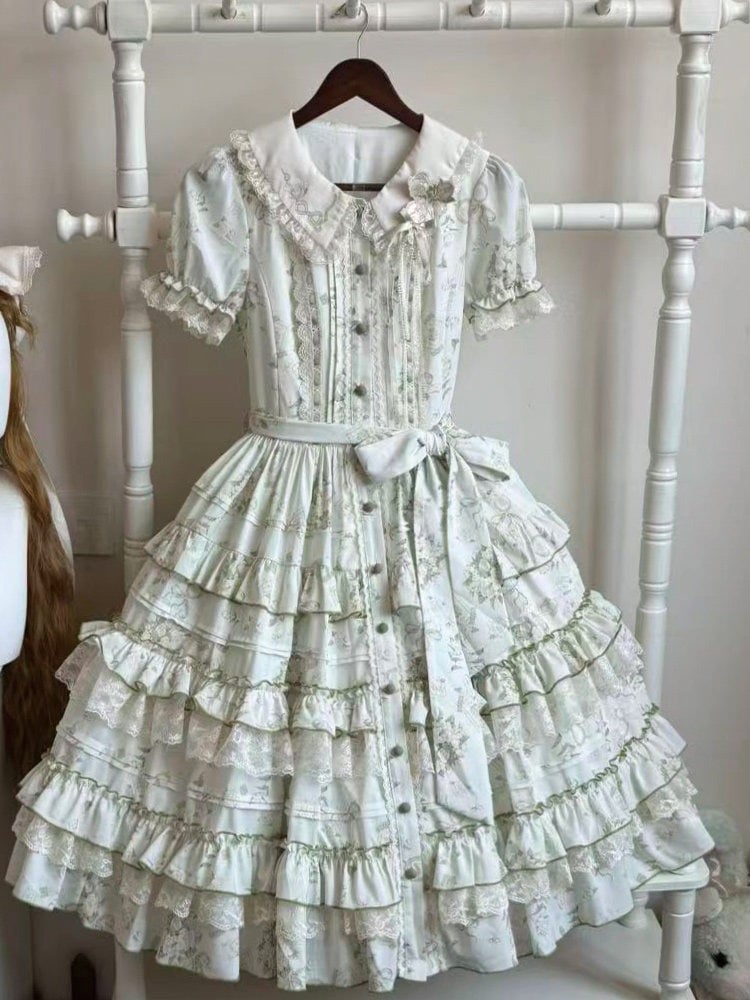 Sweet Jasmine Embroidered Green OP Lolita A-Line Gown with Puff Sleeves & Tiered Skirt - ZHIJINYUAN