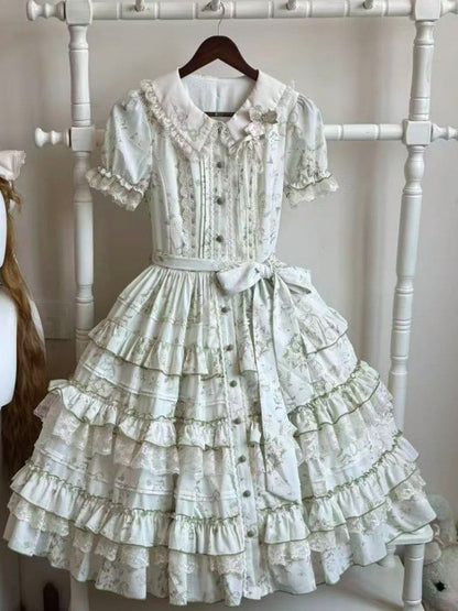 Sweet Jasmine Embroidered Green OP Lolita A-Line Gown with Puff Sleeves & Tiered Skirt - ZHIJINYUAN