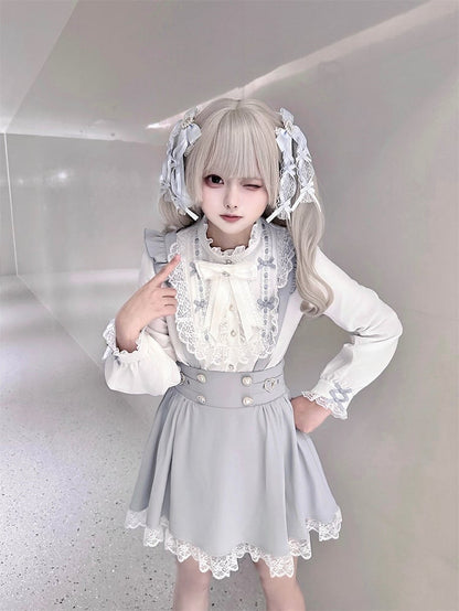 Dekoratives staubiges Kleid und Schnallen Perlenknöpfe Kei Flatterherz Jirai Overall blaue Ärmel mit