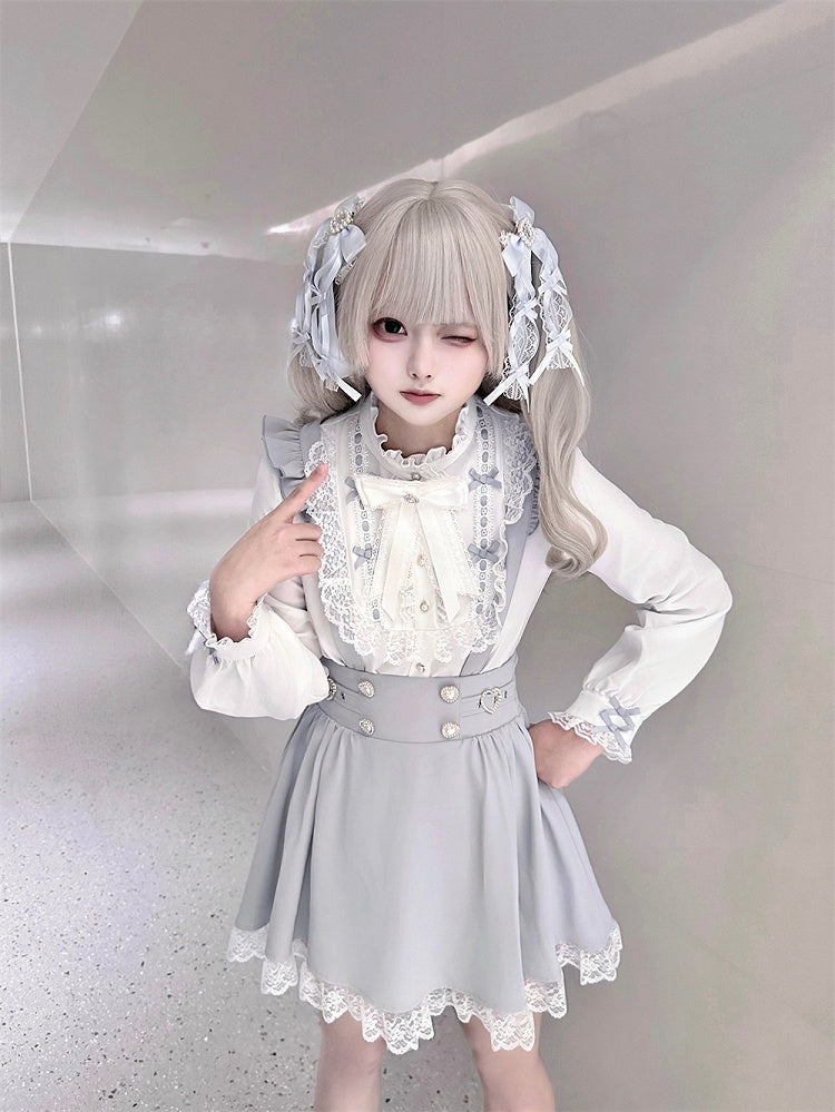 Kei and Decorative Beaded Dress Buckles Jirai Heart Buttons with Dusty Overall Sleeve Flutter Blue