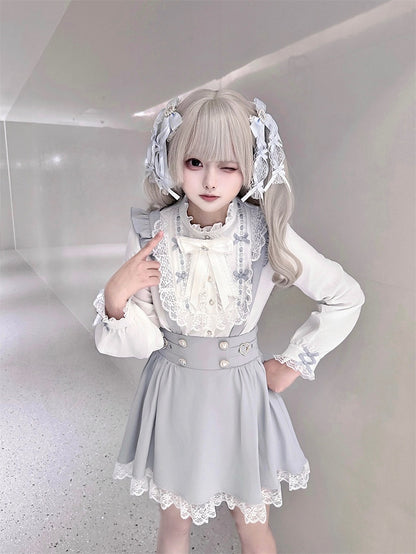 Kei and Decorative Beaded Dress Buckles Jirai Heart Buttons with Dusty Overall Sleeve Flutter Blue