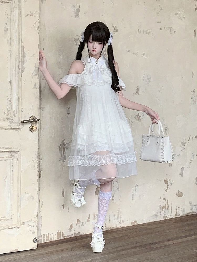 White Landmine Style Cutout Shoulder Dress with Sheer Overlay, Lace and Bow Tie - Ekomi