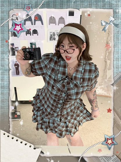 Plus Size Tiered Blue and Brown Plaid Blouse Preppy Style Sleeves Short Skirt /