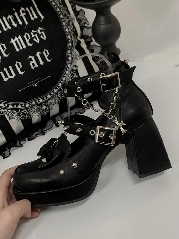 Matte Black Gothic Platform High Block Heels with Removable Ankle Strap, Snap Closure & Bow Accents