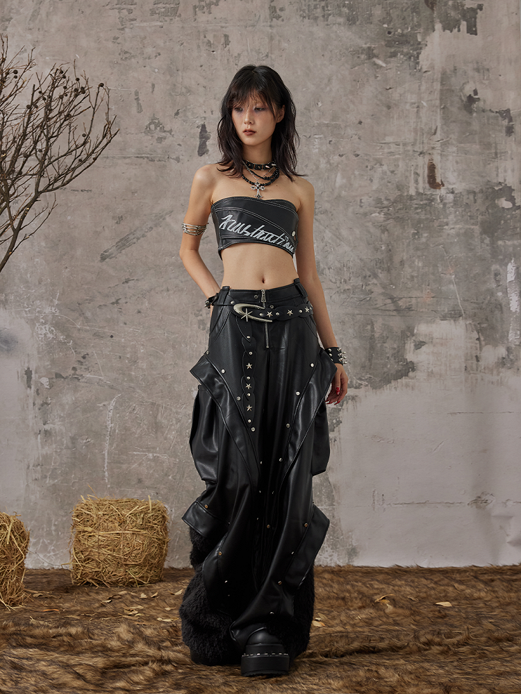 Studded Punk with Pants Black Wide-Leg PU Faux Rock Fur Accents