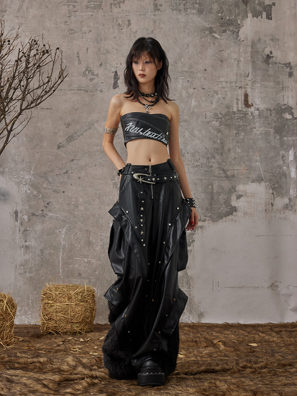 Studded Punk with Pants Black Wide-Leg PU Faux Rock Fur Accents