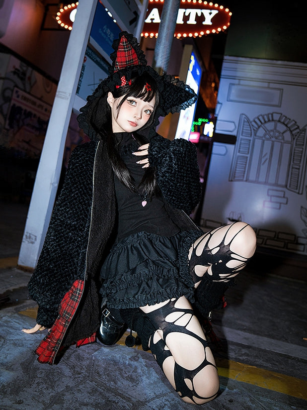 Black Kitty Ears Hooded Plush Jacket Bodice and Red Plaid Skirt Hem Zip Placket Dress