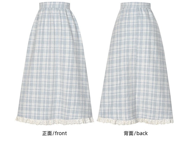 ブルーのチェック柄ハイウエストレーストリムミディスカート