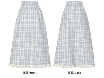 ブルーのチェック柄ハイウエストレーストリムミディスカート