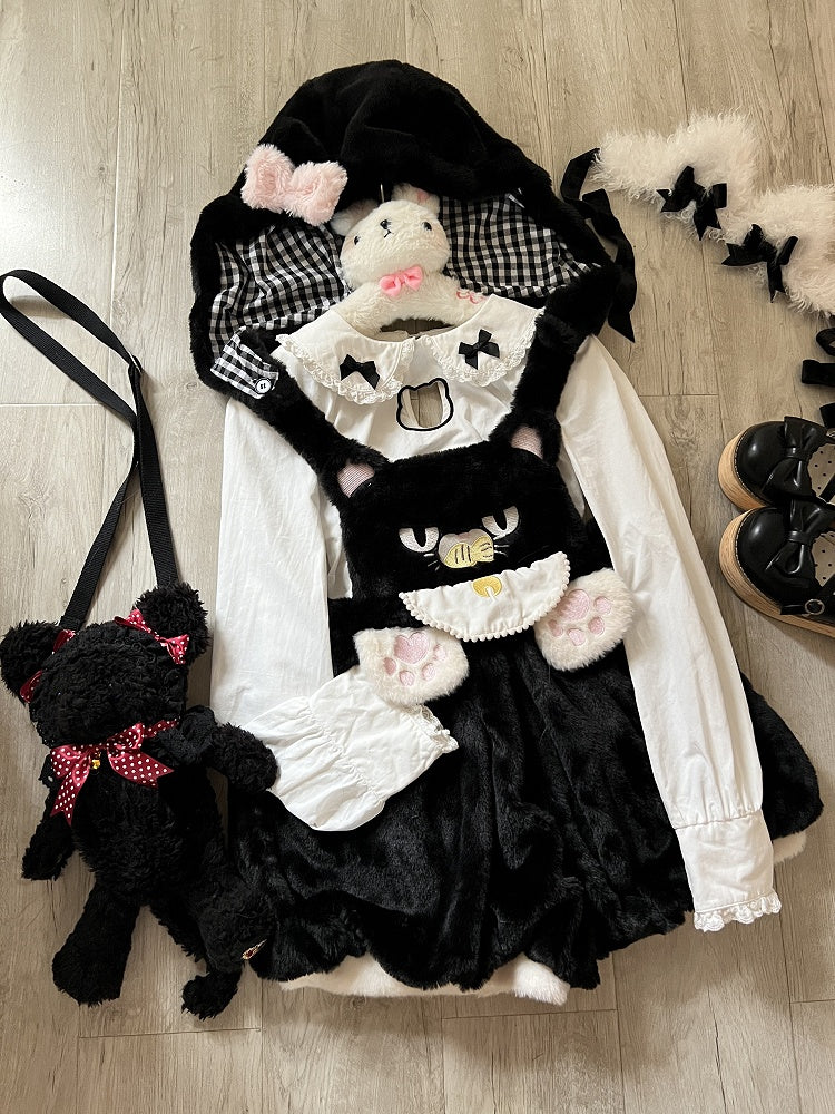 Collar: Kitty Trim Blouse Lace and Sleeve Black Bow Long White Peter with Cutout Pan