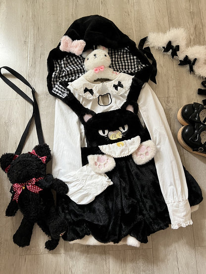 Collar: Kitty Trim Blouse Lace and Sleeve Black Bow Long White Peter with Cutout Pan