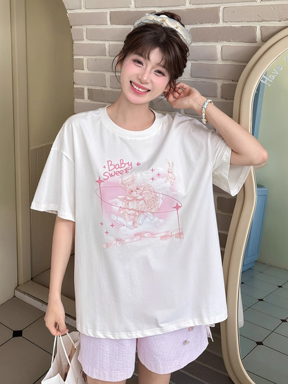 Pink Bunny Print White Round Neck Loose Sweet T-shirt