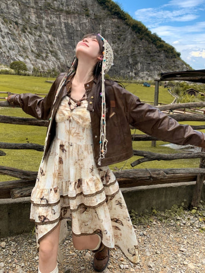 Brown Badge Autumn for Appliques Vintage PU Jacket