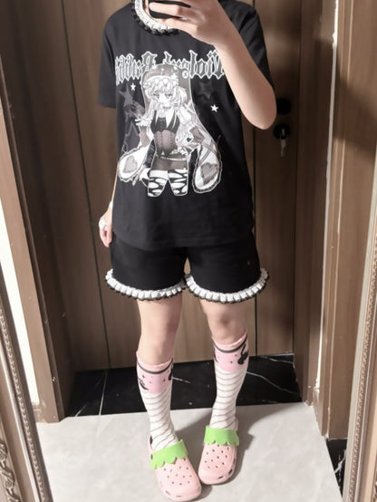 ハートバッジ付きブラックフリル水玉裾ジライケイショーツ（無料）